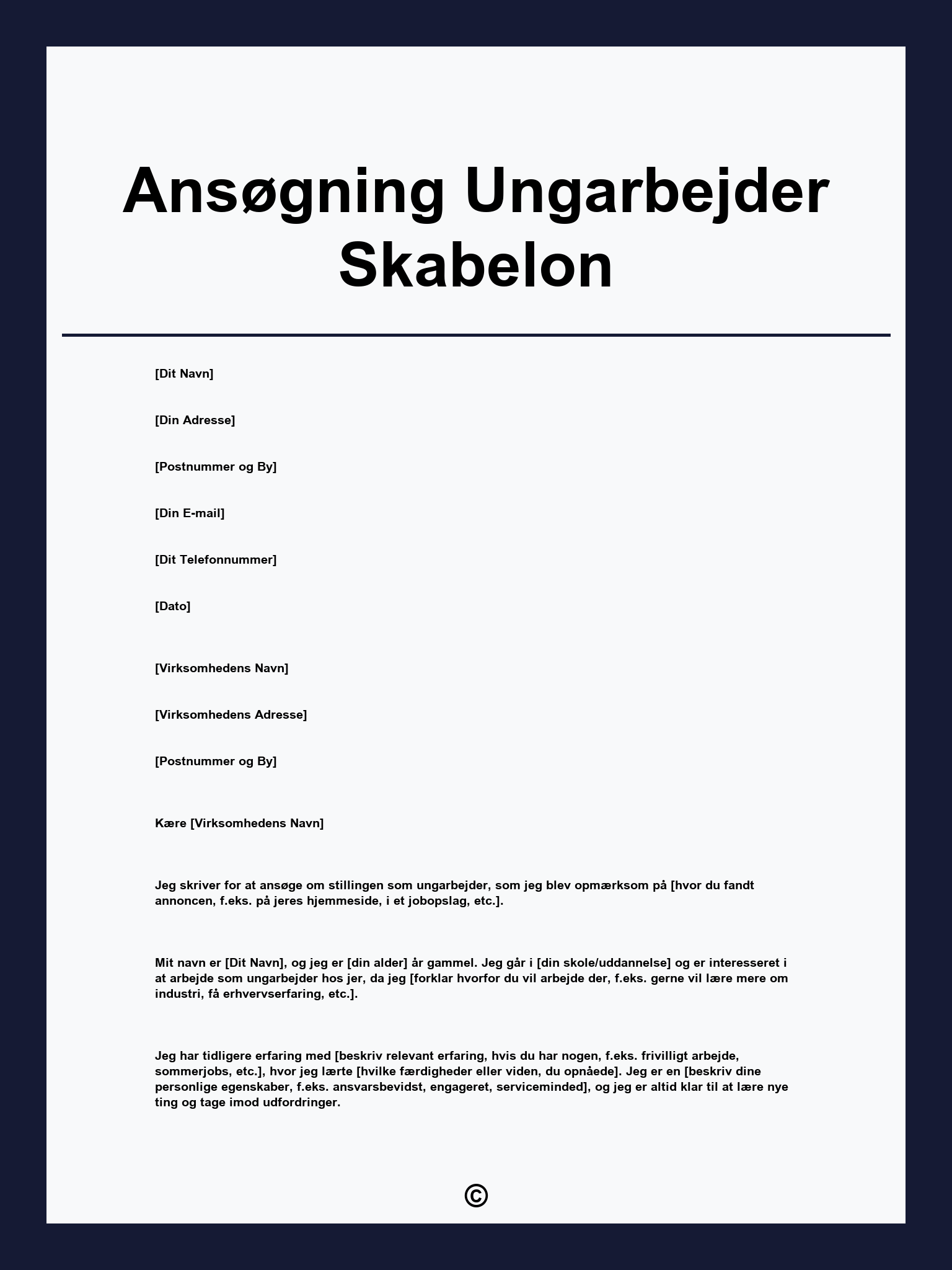 Ansøgning Ungarbejder Skabelon