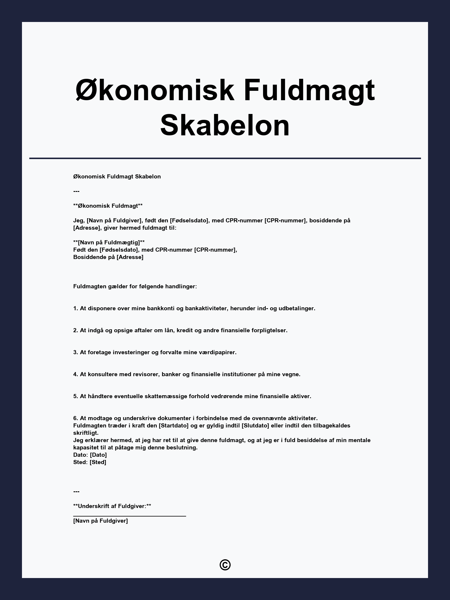 Økonomisk Fuldmagt Skabelon