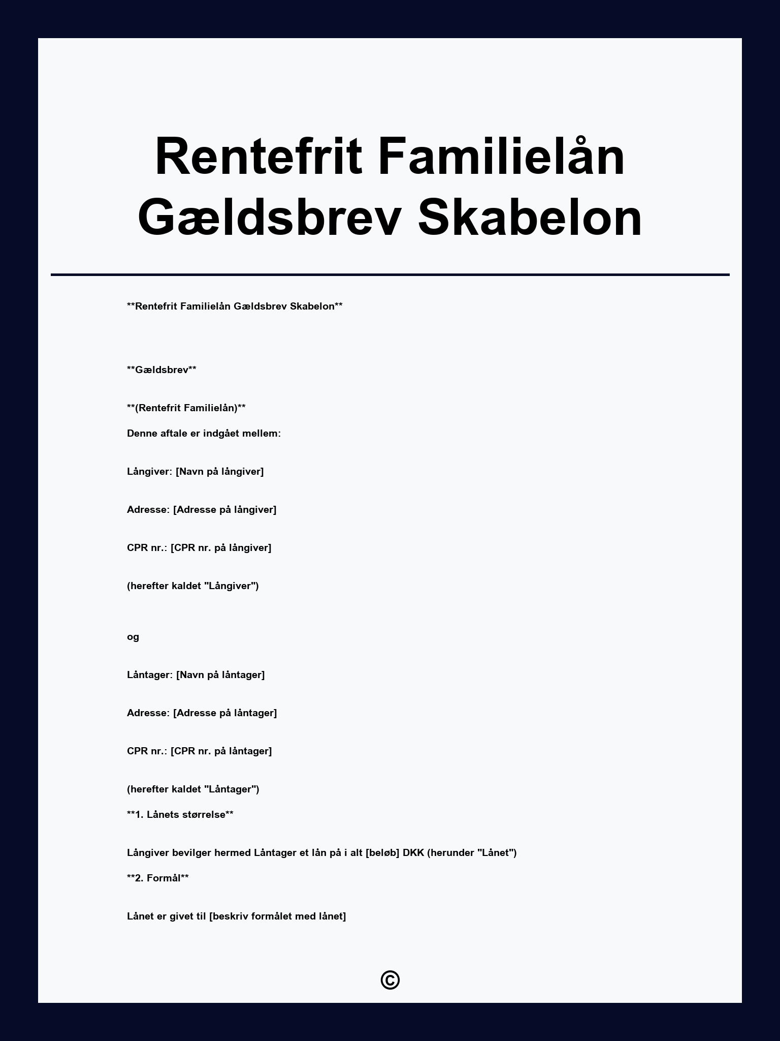 Rentefrit Familielån Gældsbrev Skabelon
