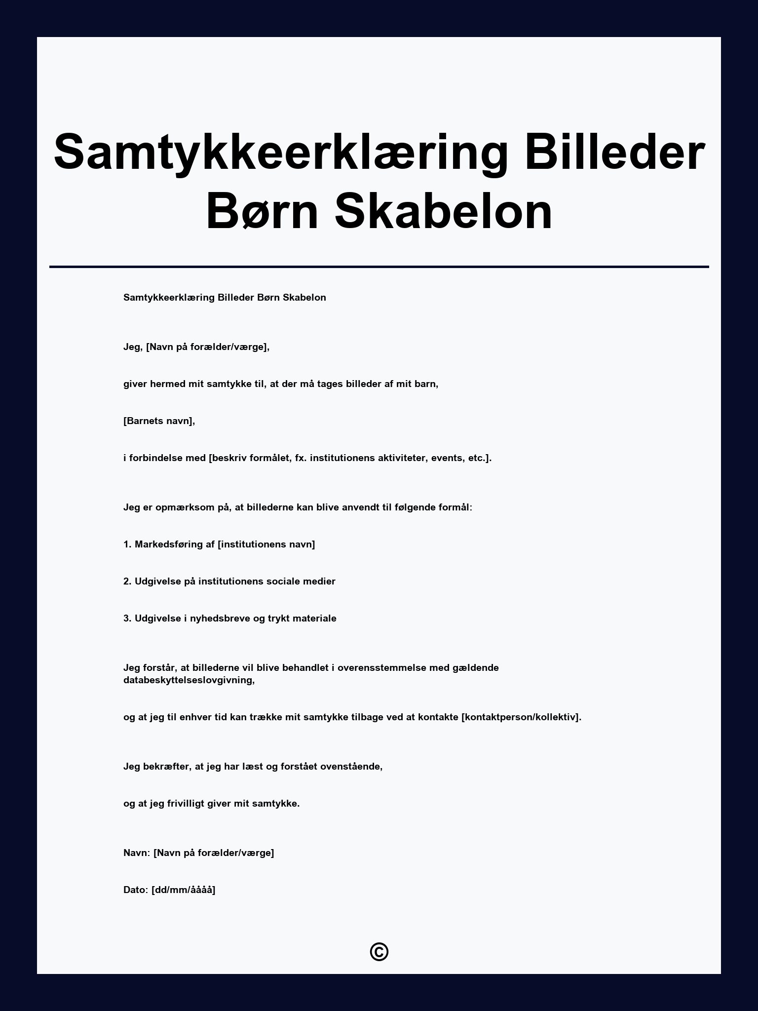 Samtykkeerklæring Billeder Børn Skabelon