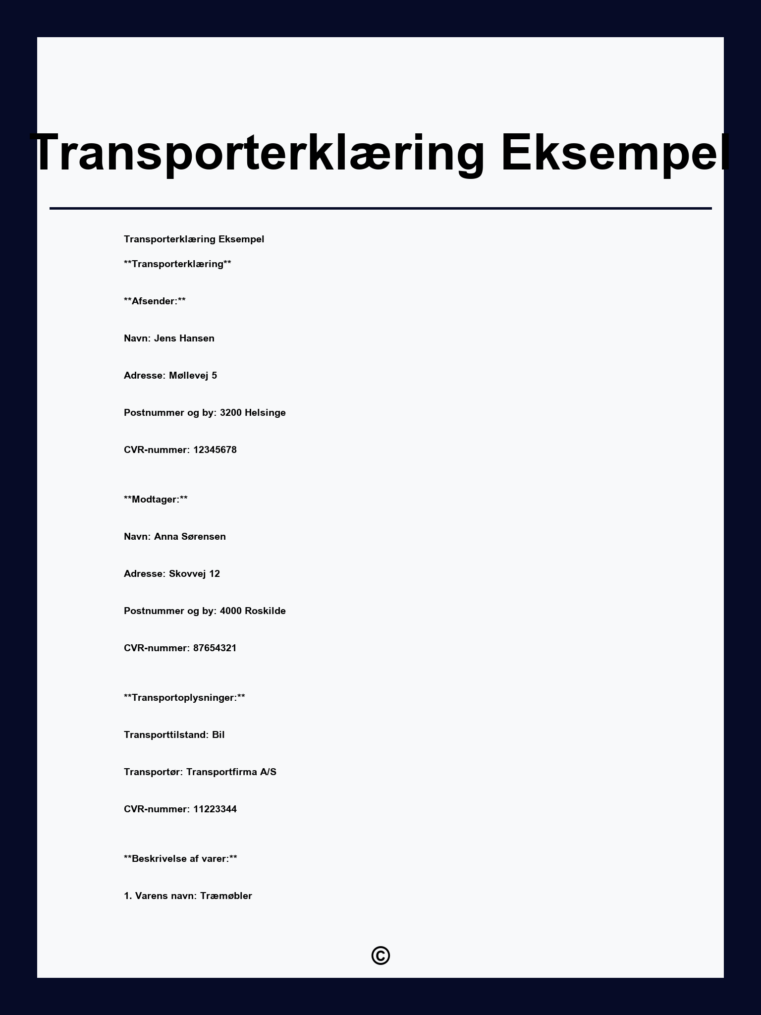 Transporterklæring Eksempel